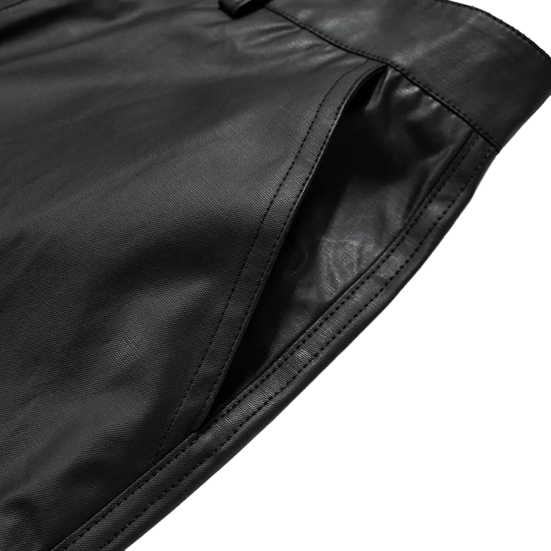Men's Solid Black Synthetic Leather Wide-Leg Pants - High-Sheen Relaxed Trousers